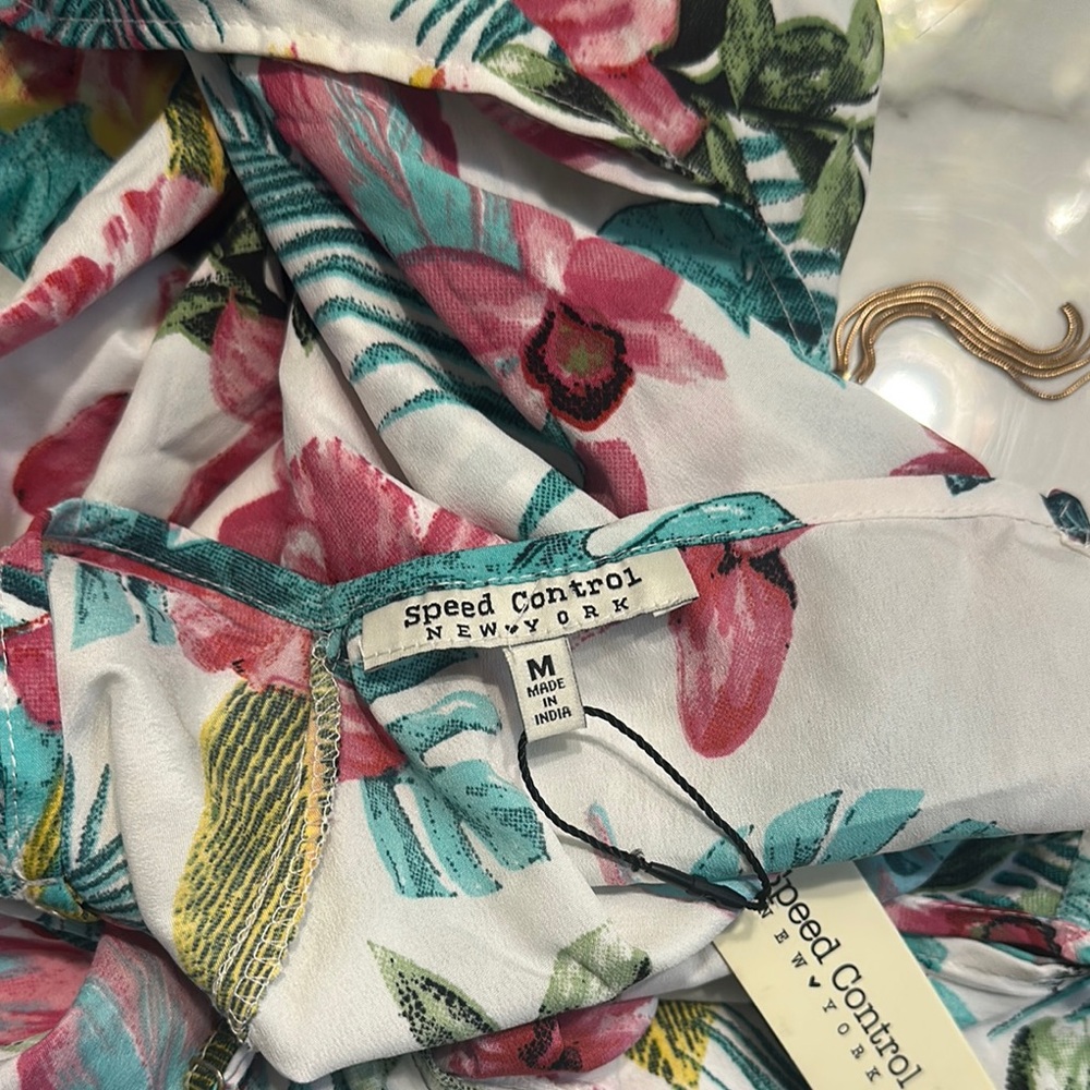 Speed Control High Low Dress with Pink and Green Floral Design - Picture 5 of 5